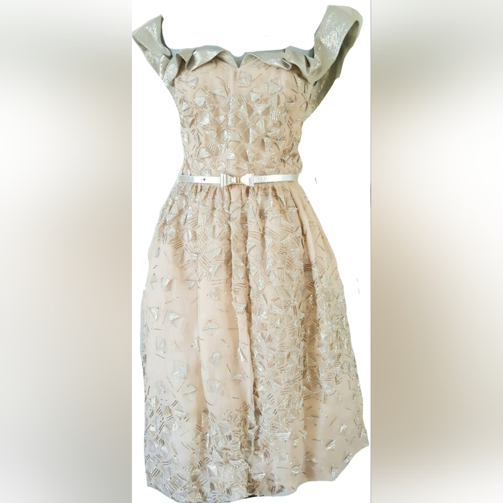 $6,000 OSCAR DE LA RENTA EXQUISITE SILK GOLD BEAD EMBROID RUNWAY DRESS 6, 8